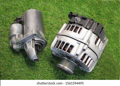 New Car Alternator And Electrical Starter On Green Background, Vehicle Electric Repair