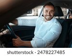 New car, dealership and portrait of happy man in vehicle for purchase, good service or loan success. Customer, driving and proud driver in showroom for transportation, automobile shopping or warranty