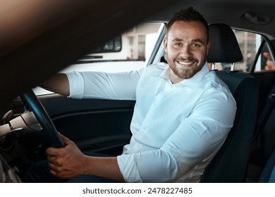 New car, dealership and portrait of happy man in vehicle for purchase, good service or loan success. Customer, driving and proud driver in showroom for transportation, automobile shopping or warranty - Powered by Shutterstock