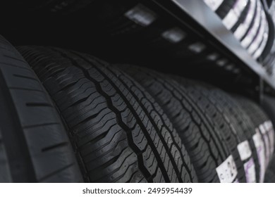 New car tire is placed on the tire storage rack in the tire factory. Be prepared for vehicles that need to change tires. - Powered by Shutterstock