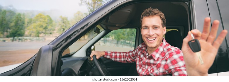 New Car Young Man Driver Happy Holding Keys Driving Rental On Road Trip Vacation Travel Holiday Banner Panoramic Background. Drive Lifestyle.