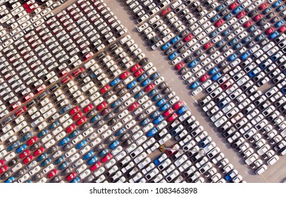 New Cars From The Car Factory Parked At The Port Waiting For Export To The Country As Ordered.