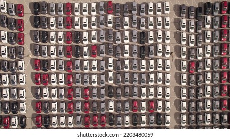 New Cars Located At The Factory Parking Lot Aerial View At Golden Hour. Car Manufactory Parking Area For A New Hybrid EV. High Tech Green Electric Vehicles Sorted After Industrial Production Conveyor.