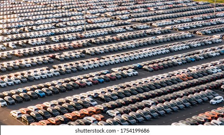 New cars stand in even rows in the giant parking lot of a car factory in the evening at sunset, aerial view.