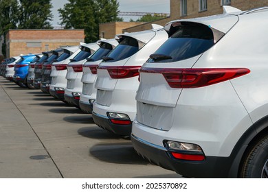 New Cars Stand In The Parking Lot Of The Warehouse, View From The Rear Of The Cars