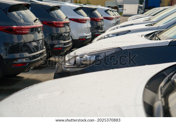 New cars stand in the parking lot of the\
warehouse, view from the front of the\
cars