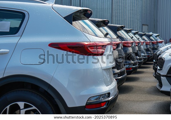 New cars stand in the parking lot of the\
warehouse, view from the rear of the\
cars