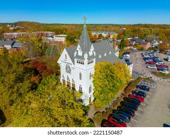 New Church Of Concord Aerial View In Fall At 53 Church Street In West Concord, Town Of Concord, Massachusetts MA, USA. 