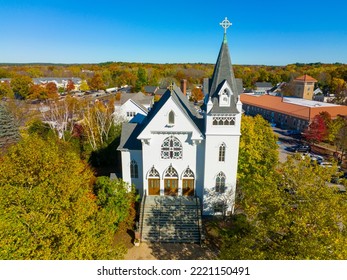 New Church Of Concord Aerial View In Fall At 53 Church Street In West Concord, Town Of Concord, Massachusetts MA, USA. 