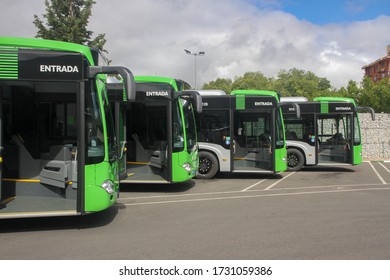 New City Buses Adapted For Green Handicapped Parked In A Row