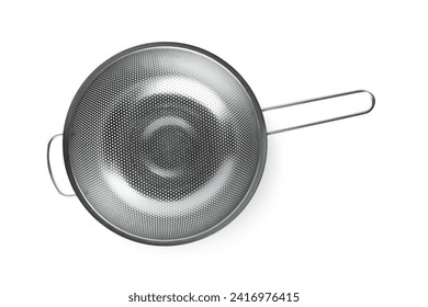 New clean sieve isolated on white, top view. Cooking utensils