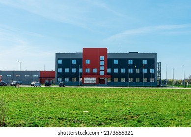 New Commercial Retail Small Office Building.The Exterior Facade Of A General Small Business.Telsiai,Lithuania 05-09-2022.