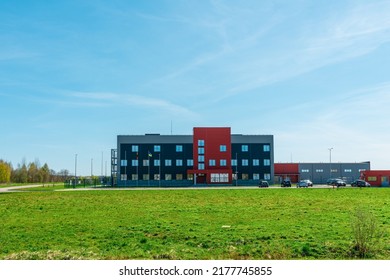 New Commercial Retail Small Office Building.The Exterior Facade Of A General Small Business.Telsiai,Lithuania 05-09-2022.