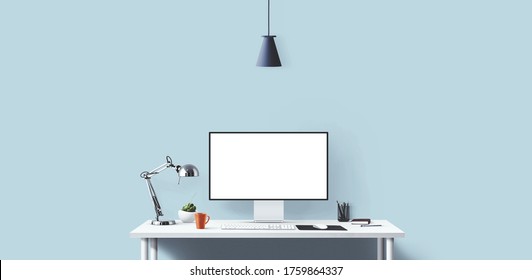 New Computer Display And Office Tools On Desk. Blank Desktop Computer Screen. Modern Creative Workspace Background. Front View.