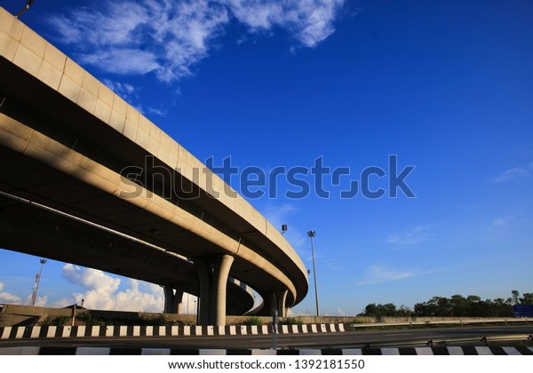 new concrete bridge\
backdrop blue sky