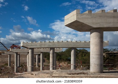 new concrete columns for construction of a road bridge