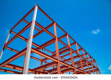 New Constructions Development Site At The Beginning With Steel And Concrete Building Frame. Top View.