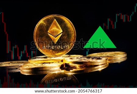 New cryptocurrency Ethereum ETH 2.0 go up in trading. Golden coin with Ethereum logo rise in bull market. Price of decentralized digital currency is growing up. Electronic money on black background