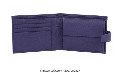 New dark blue open empty wallet of cattle leather. Isolated on white background. Close-up shot 