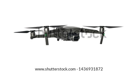 New dark grey drone quadcopter with digital camera and sensors flying isolated on white background