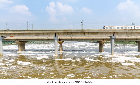 New Delhi - 18 July, 2021 - View Of A Newly Build Metro Rail Bridge By Delhi Metro On Polluted Yamuna River