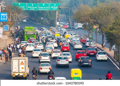 NEW DELHI - FEB 23: Car traffic in New Delhi, city covered in the smog on February 23. 2018 in India 