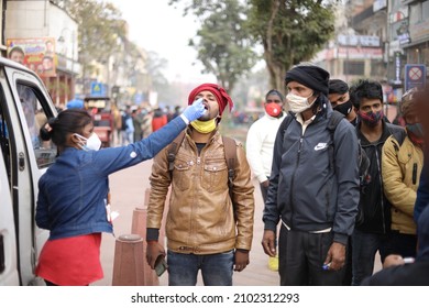 New Delhi, India 01-07-2022 - A Health Worker Takes A Swab Sample For Covid-19 Test In Chandni Chowk Market On January 07, 2021 In Old Delhi, India. 