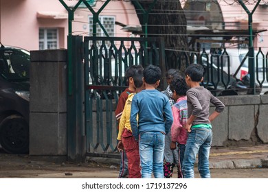 New Delhi, Delhi, India - 03/07/2019:  Group Of Poor Children From Different Households Gathering Together During Covid 19 Or Corona Virus Outbreak In India.