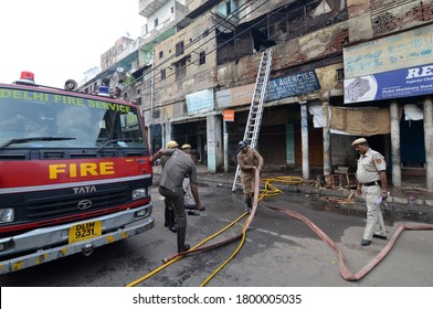 New Delhi/ India - 07/06/2019: Fire Fighters Trying To Douse A Fire That Broke Out At A Brothel At G B Road In New Delhi.