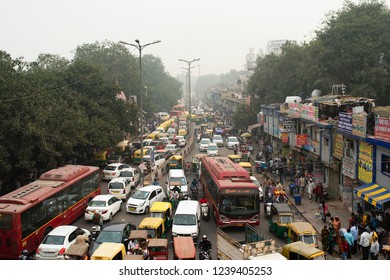NEW DELHI - INDIA - 11 NOVEMBER 2017. Traffic jam on the polluted streets of New Delhi, India. Delhi has the highest number of motor vehicles and the traffic congestion is limited in few areas. 
