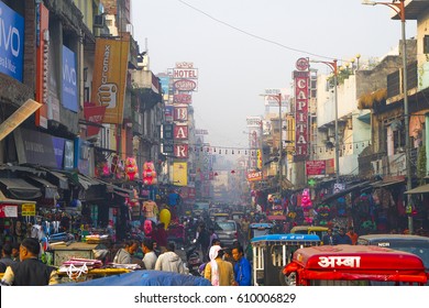 NEW DELHI, INDIA - 21 JANUARY 2017: Busy Indian Street Market In New Delhi, India. Delhi's Population Surpassed 18 Million People.