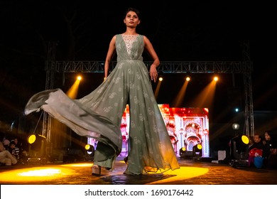 New Delhi, India - 23 February 2020 : Indian Female Model Walks The Runway In New Designer Clothes At Fashion Show