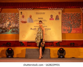 New Delhi, Delhi / India - 24 November 2019 : Young Beautiful Indian Female Models Performing Ramp Walk At Fashion Show To Showcase Indian Ethnic Fashion Products Made By Tribal People