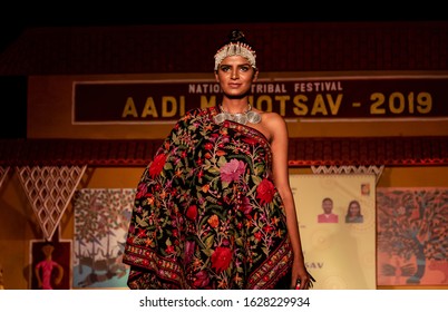 New Delhi, Delhi / India - 24 November 2019 : Young Beautiful Indian Female Models Performing Ramp Walk At Fashion Show To Showcase Indian Ethnic Fashion Products Made By Tribal People