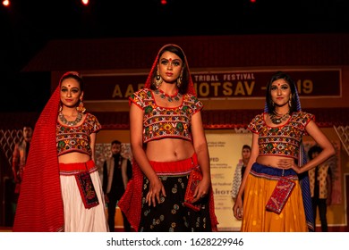 New Delhi, Delhi / India - 24 November 2019 : Young Beautiful Indian Female Models Performing Ramp Walk At Fashion Show To Showcase Indian Ethnic Fashion Products Made By Tribal People