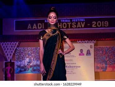 New Delhi, Delhi / India - 24 November 2019 : Young Beautiful Indian Female Models Performing Ramp Walk At Fashion Show To Showcase Indian Ethnic Fashion Products Made By Tribal People