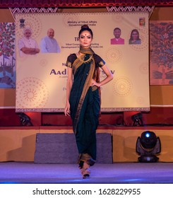 New Delhi, Delhi / India - 24 November 2019 : Young Beautiful Indian Female Models Performing Ramp Walk At Fashion Show To Showcase Indian Ethnic Fashion Products Made By Tribal People