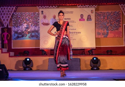 New Delhi, Delhi / India - 24 November 2019 : Young Beautiful Indian Female Models Performing Ramp Walk At Fashion Show To Showcase Indian Ethnic Fashion Products Made By Tribal People