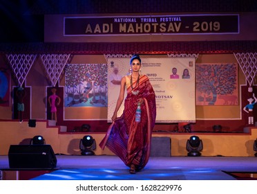 New Delhi, Delhi / India - 24 November 2019 : Young Beautiful Indian Female Models Performing Ramp Walk At Fashion Show To Showcase Indian Ethnic Fashion Products Made By Tribal People