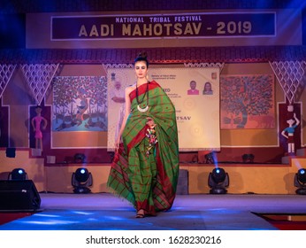 New Delhi, Delhi / India - 24 November 2019 : Young Beautiful Indian Female Models Performing Ramp Walk At Fashion Show To Showcase Indian Ethnic Fashion Products Made By Tribal People