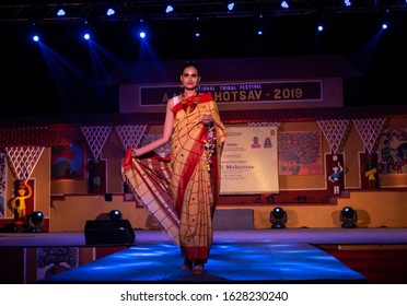 New Delhi, Delhi / India - 24 November 2019 : Young Beautiful Indian Female Models Performing Ramp Walk At Fashion Show To Showcase Indian Ethnic Fashion Products Made By Tribal People