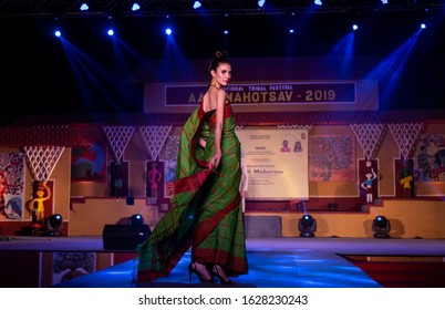 New Delhi, Delhi / India - 24 November 2019 : Young Beautiful Indian Female Models Performing Ramp Walk At Fashion Show To Showcase Indian Ethnic Fashion Products Made By Tribal People