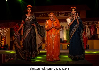 New Delhi, Delhi / India - 24 November 2019 : Young Beautiful Indian Female Models Performing Ramp Walk At Fashion Show To Showcase Indian Ethnic Fashion Products Made By Tribal People