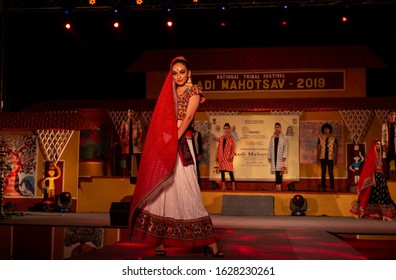 New Delhi, Delhi / India - 24 November 2019 : Young Beautiful Indian Female Models Performing Ramp Walk At Fashion Show To Showcase Indian Ethnic Fashion Products Made By Tribal People