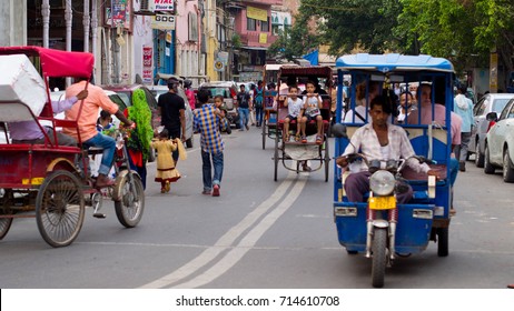 New Delhi, India - 8 July, 2017: Traffic, Rickshaw And Other Vehicles 