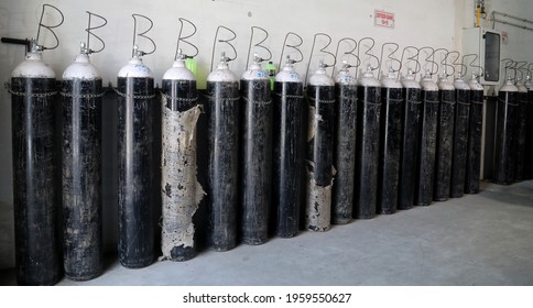 New Delhi, India, April 21, 2020: Medical Liquid Oxygen Tank In Hospital Control Room During Weekend Lockdown In India