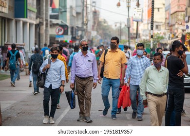 New Delhi, India- April 6 2021: Tourist In Mask Walking At Karol Bagh Retail Market  During Covid Pandemic. 