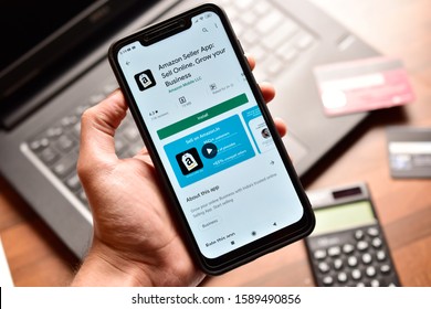 New Delhi, India - December 15, 2019: Amazon Seller App For Sell Online On Smartphone In Hand