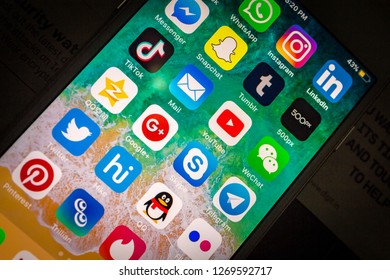 New Delhi, India - December 18, 2018: A set of programs from famous brands of social networking on the iPhone 7. iPhone 7 Silver was created and developed by the Apple inc. - Image