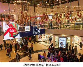 NEW DELHI, INDIA - DECEMBER 21, 2019: Indian People And Foreigner Travelers Walking And Shopping In Select City Walk Mall During Christmas Eve  Saket In New Delhi, India